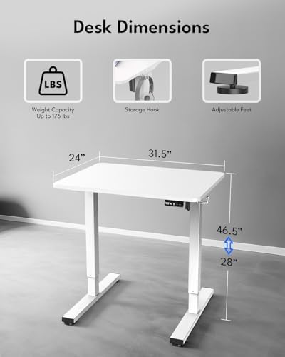 Small Electric Standing Desk, Gaming Desk, 31.5x24 Inch, White - Image 2
