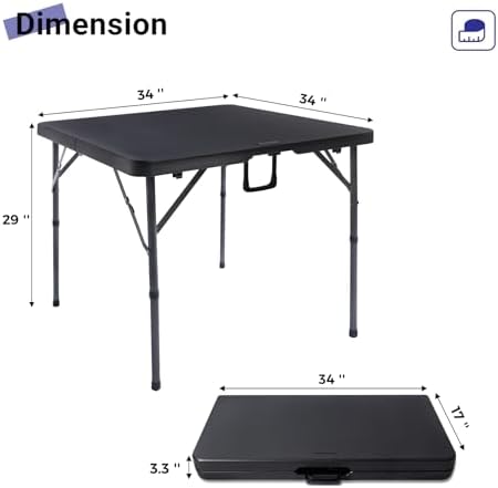 34" Square Folding Card Table,Fold-in-Half Utility Portable Table,Black - Image 3