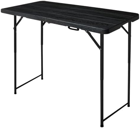 4ft Folding Table, Portable Fold-in-Half Adjustable Height Utility Table for Indoor/Outdoor Use, Durable HDPE & Steel, Stable & Lightweight, Multi-Purpose, Black Woodgrain by OutdoorOasisFurniture