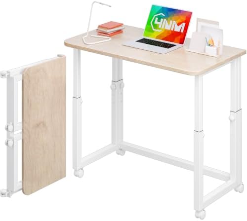 4NM No Tool Assembly 31.5" Small Desk, Folding Portable Desk with Wheels, Adjustable Height Foldable Computer Home Office Desks, Collapsible Study Writing Table for Space Saving Bedroom - Cloud Oak by 4NM
