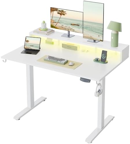 Klicelor Electric Standing Desk with Shelf, 48 Inch Height Adjustable Desk with Power Outlets & LED, Sit Stand Up Table with Monitor Stand, Computer Workstation for Home Office, White by Klicelor