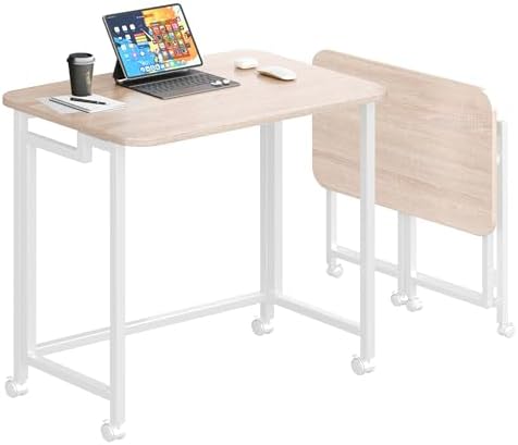 JSB Folding Desk for Small Spaces,Mobile Portable Rolling Laptop PC Table on Wheels,Foldable Computer Desk for Home Office,Bedroom,Dorm,Space Saving (Natural & White, 31.5") by HomeFurniture