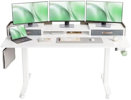 Claiks Standing Desk with Drawers & Wheels, 2 Height Shelf 63" White by CLAIKS