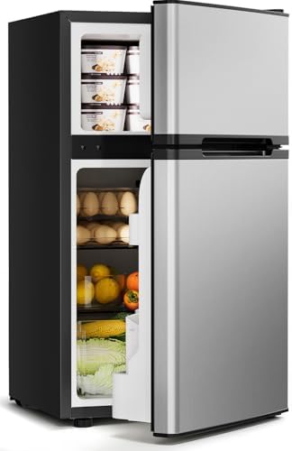 Feelfunn 3.2 Cu.Ft Mini Fridge with Freezer, 2 Door Dorm Fridge, Silver by Feelfunn