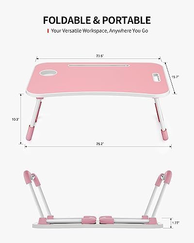 FISYOD Foldable Laptop Table, Portable Lap Desk Bed Table Tray, Laptop Stand with Cup Holder & Tablet Slot & Lifting Handle for Working Writing Drawing & Eating (Pink) - Image 6
