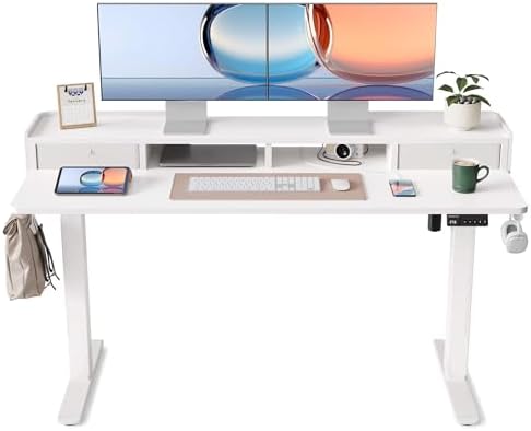 YIHAYO Electric Standing Desk with Drawers, 60 x 24 Inches Adjustable Desk with Storage Shelf, Computer Table with Splice Board for Home Office,White Frame/White Top by YIHAYO