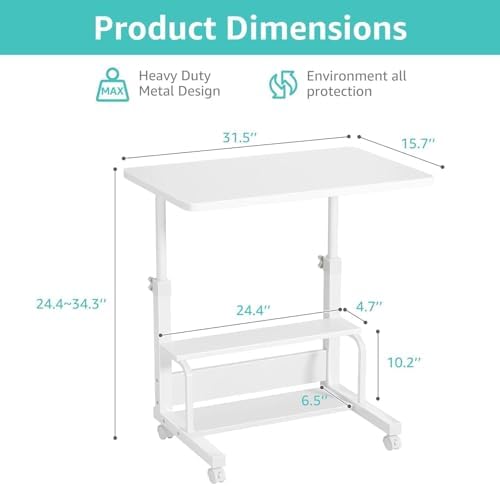 WINAZ Small Portable Laptop Rolling Desk - 32" Mobile Kids Desk with Wheels for Small Spaces, White，31.5" - Image 3