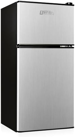 OSTBA Mini Fridge with Freezer - 3.2 Cu.ft 2-Door Upright Freezer, Compact Refrigerator with 2 Removable Shelves 7 Level Adjustable Thermostat, Removable Shelves for Bedroom Office Apartment, Silver by OSTBA