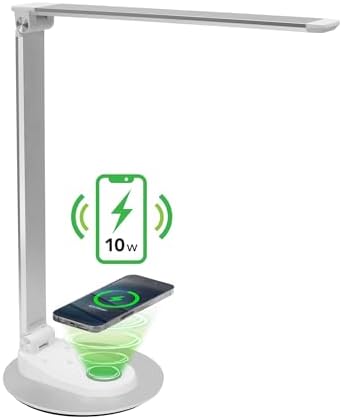 Mount-It! LED Desk Lamp with Wireless Charger and USB-C Charging Port, Dimmable Desk Lamp with 25 Brightness and Color Modes, for Home or Office, Adjustable Arm, Silver/White by Mount-It
