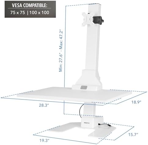 Mount-It! Electric Standing Desk Converter, Adjustable Tabletop Sit Stand Desk Riser with Single Monitor Mount for Monitors up to 32", Freestanding 28" Wide Platform Rises up to 20.75" White - Image 3