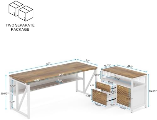 Tribesigns L Shaped Desk with Drawer,63" Executive Computer Desk and lateral File Cabinet, 2 Piece Home Office Furniture for Hanging File, Cabinet with Doors - Image 2