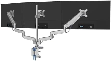 Mount-It! Triple Monitor Mount with Gas Spring Arms, Fits 24–32 Inch Screens, USB & Audio Ports, Full Motion Desk Stand with Tilt, Swivel & Rotation, Heavy Duty Silver 3 Screen Arm with Clamp by Mount-It