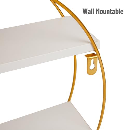 Mind Reader Round Wall Shelf, Gold Metal Frame with Dual White MDF Shelves, Decorative Wall Display for Living Room, Bathroom, Office, Metal. MDF, White - Image 4
