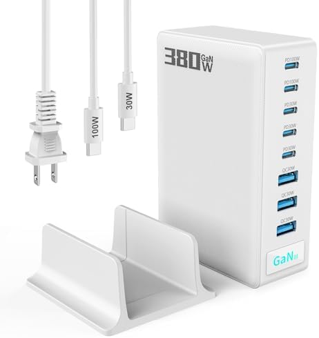 380W USB-C Charger Block, 8-Port USB-C Charging Station PD 30W + 100W PC Laptop, Fast Charging Hub with High-Power Fast Charging Cable for MacBook Pro/Air, DELL, iPad, iPhone, Samsung Galaxy, White by Unknown