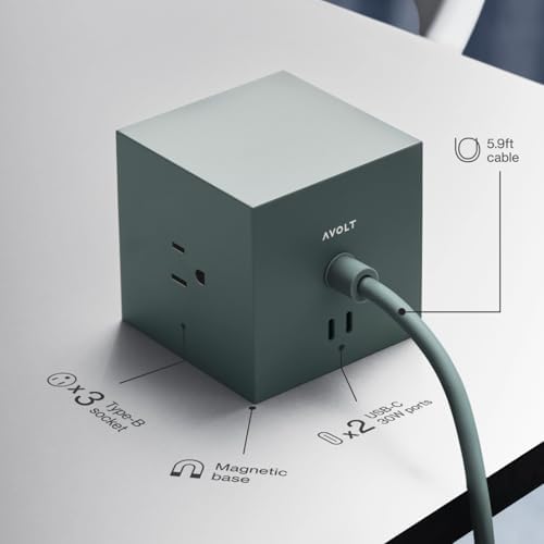 Avolt Square 1 Oak Green Power Strip Cube, 5.9ft, 3 Outlets, 2 USB-C - Image 6