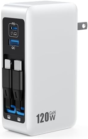 120W USB C Charger Block with 2 Built-in Retractable Cables,4-in-1 GaN IV Foldable Plug Wall Charger Fast Charging Station,PD 65W Laptop Adapter for MacBook/iPad,iPhone 17/16/15/14,Galaxy,Android etc by GKUTW