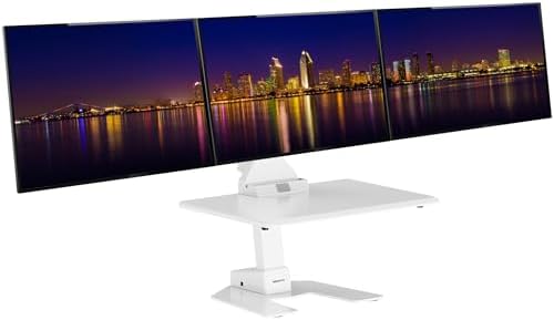 Mount-It! Triple Monitor Electric Standing Desk Converter - 3 Monitor Standing Desk is Height Adjustable, Sit-Stand Converting Desk for Home, Office Monitor Mounts Fits Screens up to 32" White by Mount-It
