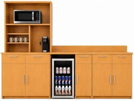 BREAKtime Breakroom Kitchenette Cabinet with 4-Door Storage, Mini Fridge Space & Upper Hutch, Microwave Space, Fully Assembled, 90" W x 24" D x 75" H, Appliances Not Included, Beech by BREAKtime