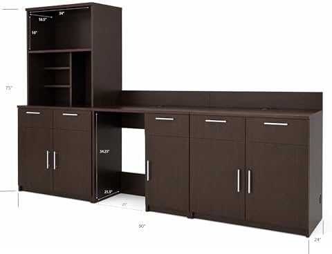 BREAKtime Breakroom Kitchenette Cabinet with 4-Door Storage, Mini Fridge Space & Upper Hutch, Microwave Space, Fully Assembled, 90" W x 24" D x 75" H, Appliances Not Included, Espresso - Image 3
