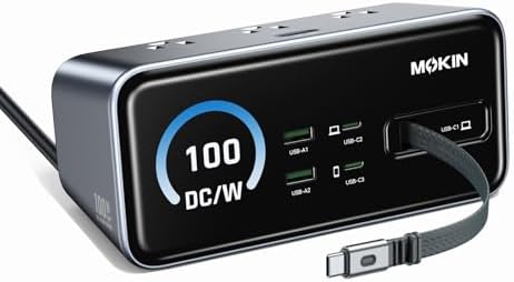 MOKiN 8-in-1 Charging Station 100W GaN, Fast Desktop Charging Station with 3 AC, 3 USB-C, 2 USB-A, USB-C Power Strip with 3ft Retractable Cable Charger Stations for iPhone 17,MacBook Pro, Laptop etc. by MOKiN