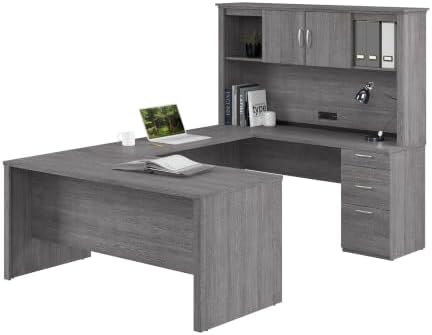 Bestar U or L Shaped Desk with Hutch and Drawers, Bark Grey, Logan, 66W by Bestar