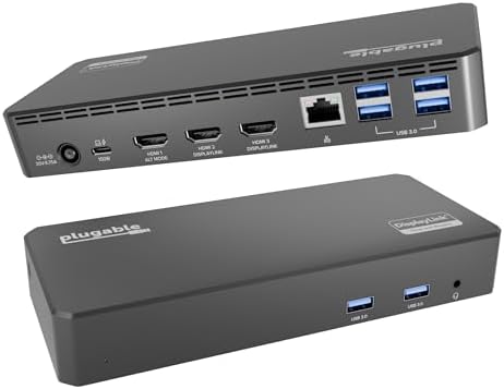 Plugable USB C Triple Display Docking Station | 100W PD, 3x HDMI (1x 4K 30Hz, 2x 1080p 60Hz), 6x USB 5Gbps Ports | Windows, macOS, ChromeOS Compatible - Enhance Productivity with Multi-Monitor Support by Plugable