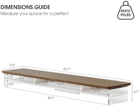 Fenge 42.5" Dual Monitor Stand with Clear Acrylic Legs, Brown - Image 5