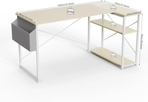 TIQLAB L-Shaped Computer Desk with Power Outlets - Reversible Shelves, 47 Inch Gaming & Study Desk in Beige - Image 3