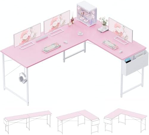 Pamray 64.5 Inch Reversible L Shaped Gaming Desk Large Corner Computer Desk with Storage Bag Home Office Table for Writing Study Pink - Image 3