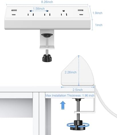 Jgstkcity Desk Clamp Power Strip,40W Total Fast Charging Station,2 PD 20W USB C Ports,Desk Edge Mount Surge Protector for Home, Office,3 Outlets,Fit 1.96" Tabletop Edge,ETL Listed,White - Image 5