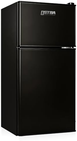 OSTBA Mini Fridge with Freezer - 3.2 Cu.ft 2-Door Upright Freezer, Compact Refrigerator with 2 Removable Shelves 7 Level Adjustable Thermostat, Removable Shelves for Bedroom Office Apartment, Black by OSTBA