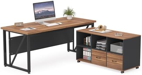 Tribesigns 63-Inch Executive Desk with 47-Inch Mobile File Cabinet, Large Home Office Desk with Drawers and Storage Shelves, L-Shaped Computer Desk Workstation Business Furniture, Walnut & Gray - Image 7