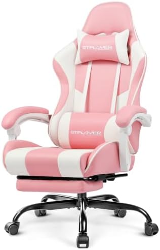 GTPLAYER Gaming Chair, Computer Chair with Footrest and Lumbar Support, Height Adjustable Game Chair with 360°-Swivel Seat and Headrest and for Office or Gaming (Faux Leather, Pink) by GTPLAYER