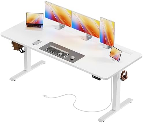 Huuger 63 X 24 Inch Electric Standing Desk with Power Outlets and USB-C Port, Height Adjustable Desk, Sit Stand Desk for Home Office, Computer & Gaming Desk with 3 Presets, Stable Steel Frame, White by Huuger