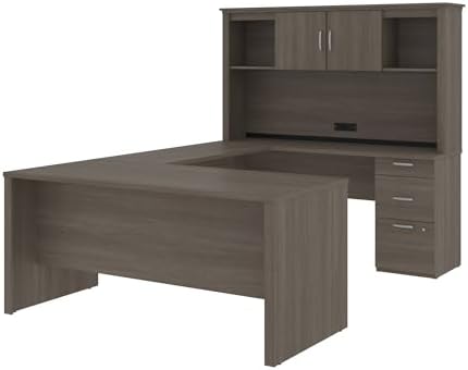 Bestar U or L Shaped Desk with Hutch and Drawers, Bark Grey, Logan, 66W - Image 5
