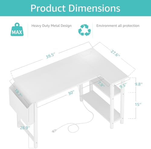 Lufeiya White L Shaped Computer Desk with Power Outlet Shelves, 40 Inch Small Reversible Corner Desk for Small Space Home Office, L-Shaped Desk PC Desks, White - Image 3
