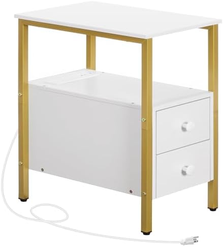 HOOBRO End Table with Charging Station, Narrow Side Table with 2 Drawer & USB Port & Power Outlets, Nightstand for Small Spaces, Stable and Sturdy, for Living Room, Bedroom, Gold and White DW541BZ01 by HOOBRO