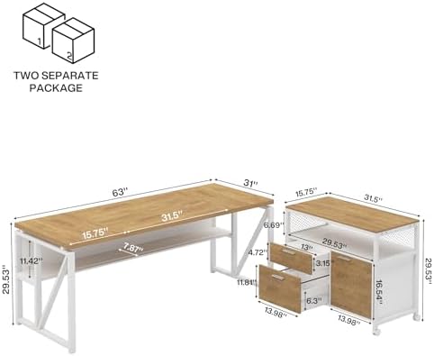 Tribesigns L Shaped Desk with Drawer Cabinet, 63" Executive Computer Desk and lateral File Cabinet, 2 Piece Home Office Furniture with Drawers for Hanging, Doors with Locks (Light Walnut, 63 inches) - Image 2