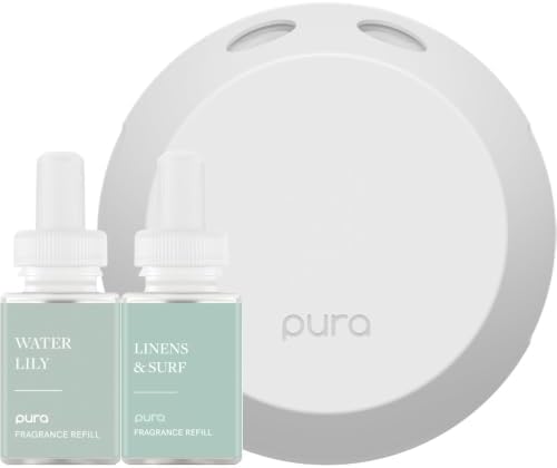 Pura - Smart Home Fragrance Device Starter Set - Pura 4 - Scent Diffuser for Home - Includes Fragrance Aroma Diffuser - Square Box, Water Lily and Linens & Surf Scent Refills by Pura