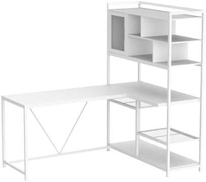 SEDETA L Shaped Computer Desk with Storage Shelves and Bookshelf, White - Image 4