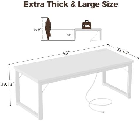 Mericonia 63 Inch Computer Desk with Power Outlets, 1.2" Thick Office Table - Image 2
