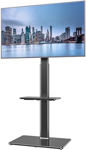 Universal Floor TV Stand with Mount for 19 to 43 inch Flat Screen TV, 100 Degree Swivel,Adjustable Height and Tilt Function, 2 Shelves Space Saving Standing TV Mount for Bedroom Living Room Corner by HEMUDU