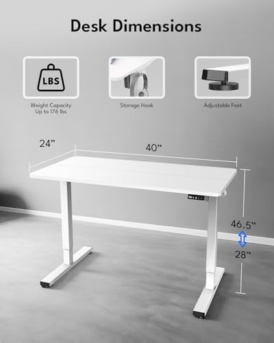 Electric Standing Desk, Gaming Desk, 40 x 24 Inch, White - Image 2