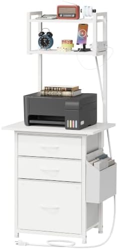 HIGDBFE 3 Drawer File Cabinet with Charging Station, 49''H Tall, 3-Tier Small Filing Cabinet for Home Office, 20''*15'' for Small Printer, Fabric Drawer, Printer Stand, White by HIGDBFE