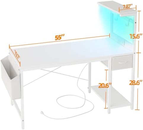 TIQLAB Gaming Desk 55 inch with Power Outlet and LED Light, Computer Desk with Reversible Shelves and Storage Drawer, Small PC Desk for Home Office Table with Bag, Carbon Fiber White - Image 3