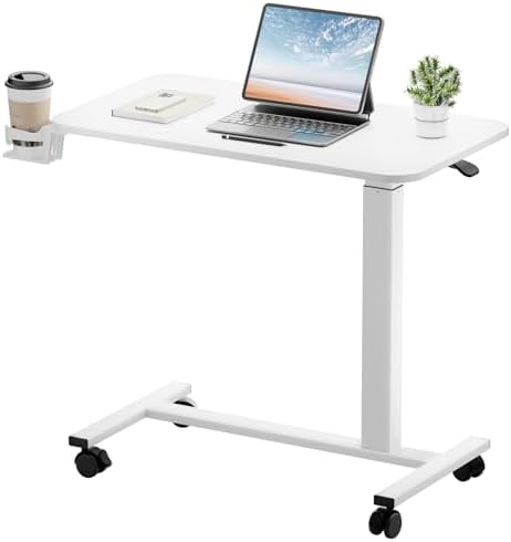 GTPLAYER Small Standing Desk with Lockable Wheels, Pneumatic Mobile Rolling Laptop Desk,Adjustable Height Overbed Bedside Table Computer Workstation for Home Office (32" W x 18" D, White) by GTPLAYER