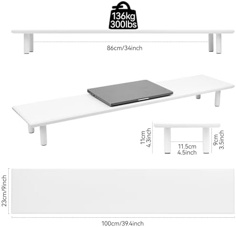 Bamboo Dual Monitor Stand Riser, White Desk Shelf with Storage - Image 2