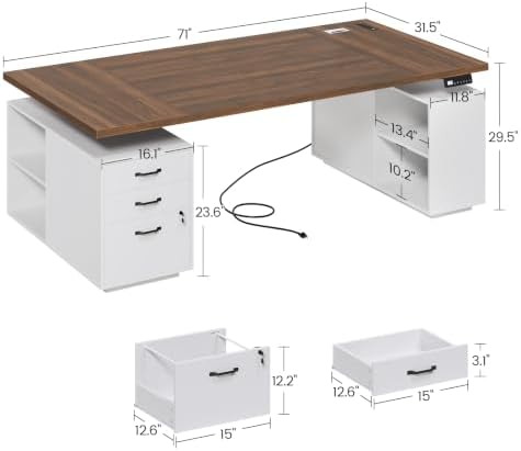71" Electric Standing Desk with Drawers, Electric Height Adjustable Executive Desk with Lockable File Cabinet, Home Office Desk, Open Storage Compartments, Built-in Power Outlet, White - Image 2