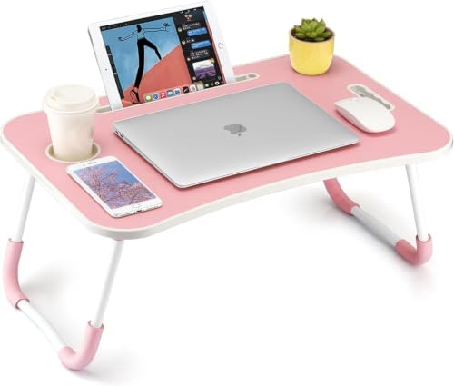 FISYOD Foldable Laptop Table, Portable Lap Desk Bed Table Tray, Laptop Stand with Cup Holder & Tablet Slot & Lifting Handle for Working Writing Drawing & Eating (Light Pink) by FISYOD
