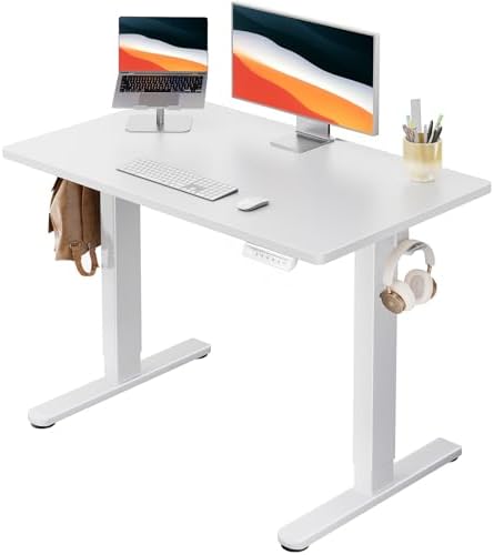 HUANUO Electric Standing Desk, Whole Piece Desktop, Adjustable Height Computer Desk, 4 Height Memory Settings, Sit Stand Up Desk for Home Office, 40" x 24", White by HUANUO